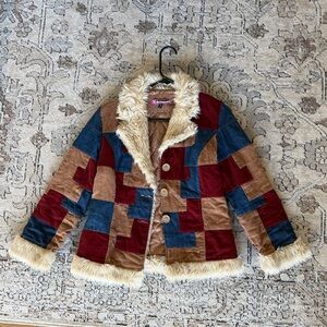 Vintage Patchwork Faux Fur Trim Jacket